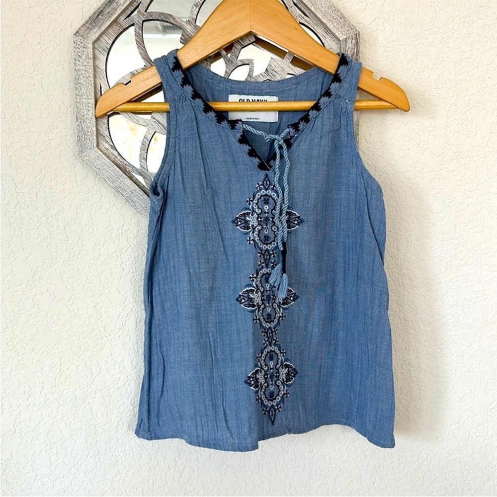 Old Navy • Girls XS Blue Chambray Embroidered Boho Tassel Tank Top